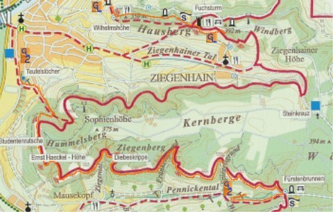Bild 520: Ausschnitt der Verbindung zwischen den beiden Geologischen Lehrpfaden vom Hausberg bis zu den Kernbergen über die neu eingerichtete Saale Horizontale (rot markiert, Zugänge zur Saale Horizontale rot gestrichelt). Die Geologischen Lehrpfade wurden nachträglich mit orange in den Kartenausschnitt eingezeichnet.
