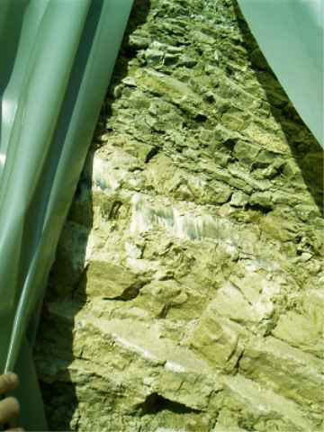 Bild 6a: steilstehende graue Mergelsteine mit Dolomitbank (unten) in einer Baugrube am Grillparzerweg (Aufn. C. Linde 13.10.2007)