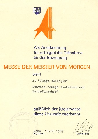 Bild 10: Diese Urkunde erhielt die AG als Anerkennung für die Errichtung des Geologischen Lehrpfades anlässlich der MMM Kreismesse am 15.06.87.
