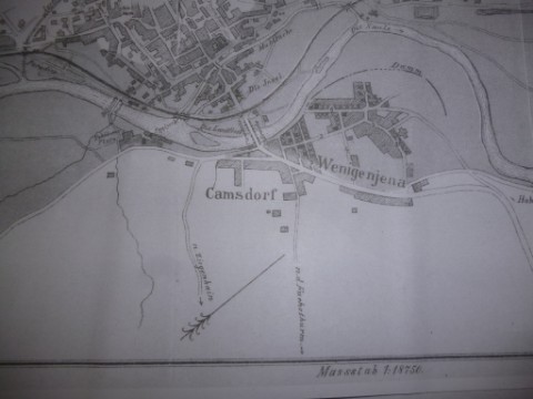 Kartenausschnitt des 	Überschwemmungsgebietes der großen Überschwemmung vom 24./25. 11. 1890 im 	heutigen Lehrpfadgebiet. Der Erste Geologische Lehrpfad wäre damals aber nicht 	davon betroffen gewesen. Die Straßen waren damals noch nicht vorhanden.