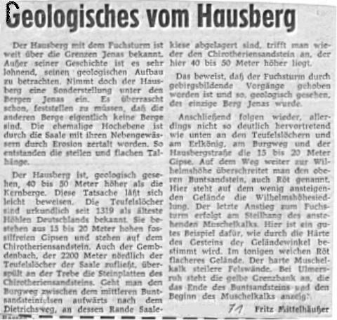 Bild 1: Dieser Artikel von Fritz Mittelhäußer aus der Volkswacht aus dem Jahr 1971 lieferte mir die Idee zur Anlage des Geologischen Lehrpfades am Hausberg.